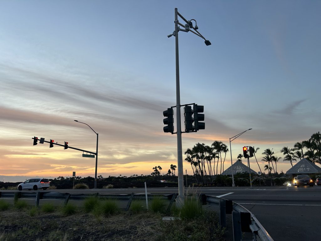Signaled intersection during sunset.