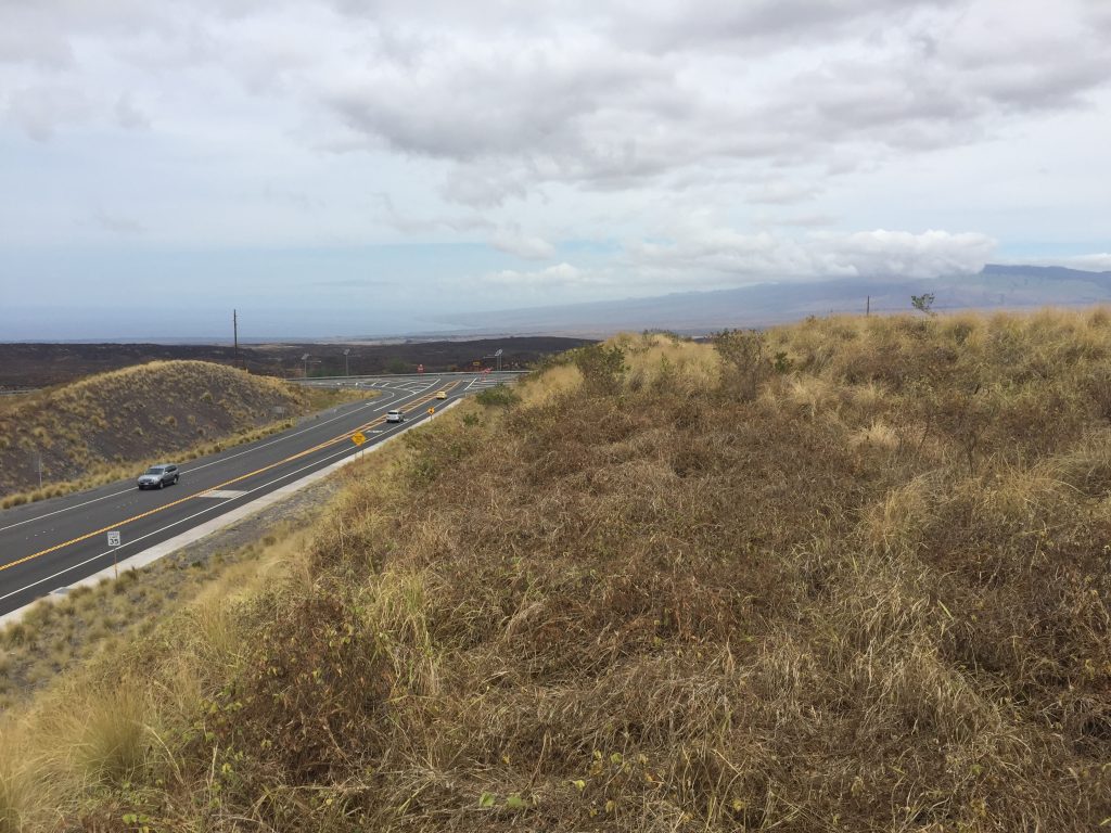 Dry grass area adjacent to three-lane road with cloudy sky.