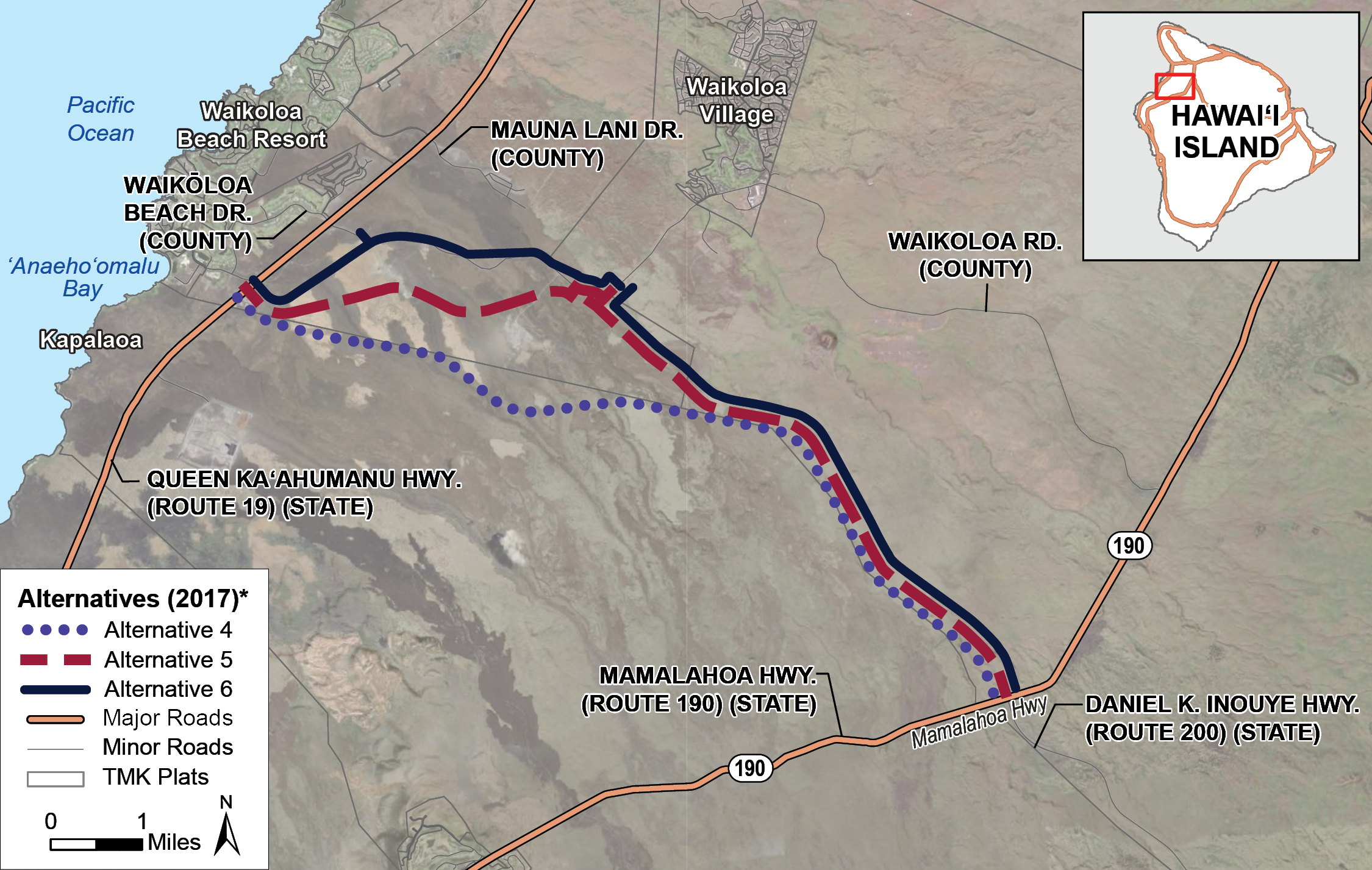 Project map showing Alternatives (2017)* Alternative 4, 5, 6, and major and minor roads The three alternatives extend from Māmalahoa Highway to Queen Ka‘ahumanu Highway.