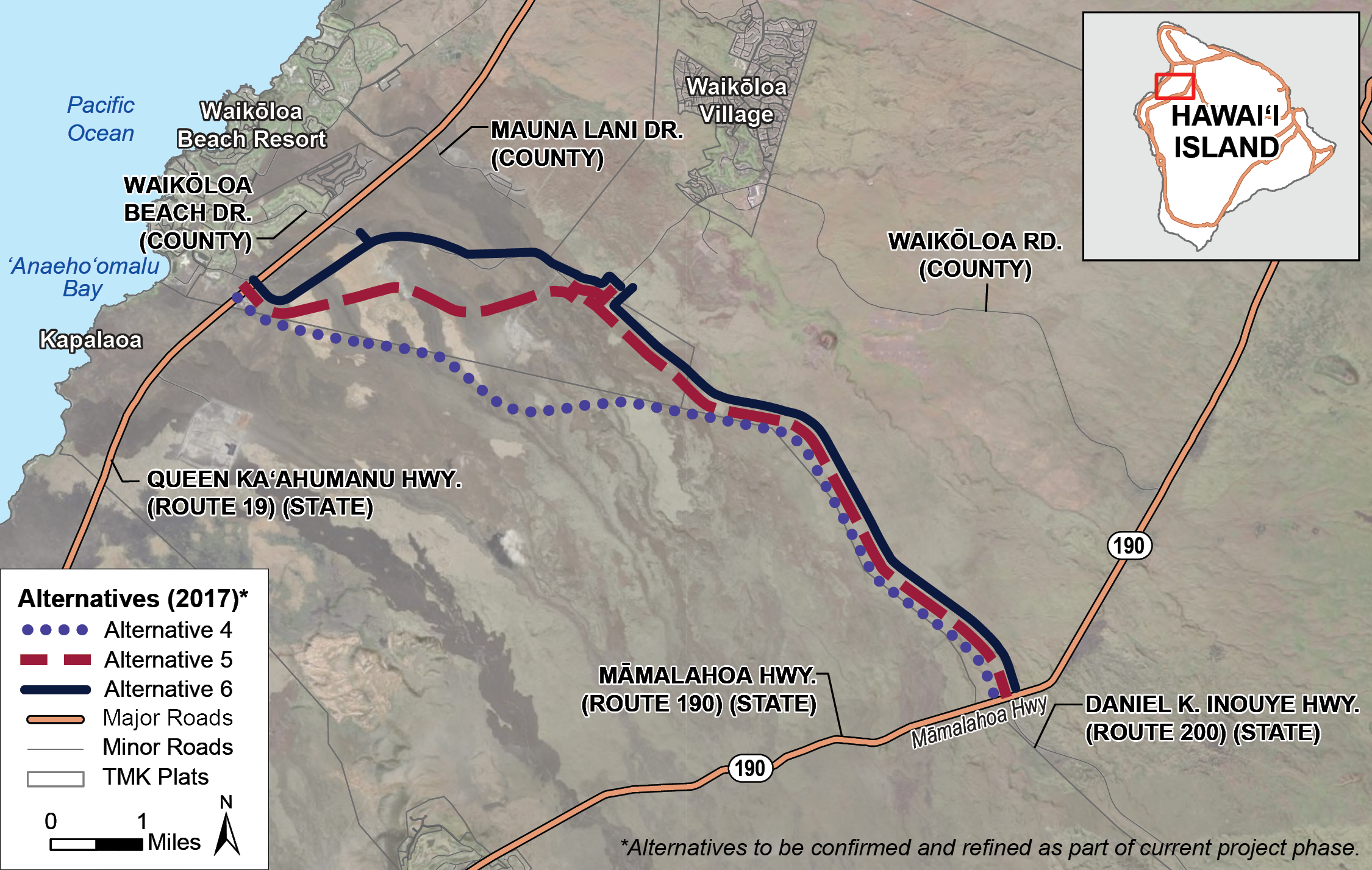 Project map showing Alternatives (2017)* Alternative 4, 5, 6, and major and minor roads The three alternatives extend from Māmalahoa Highway to Queen Kaʻahumanu Highway.